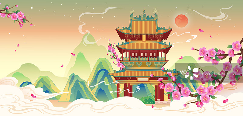 国风山西城市印象地标古建筑平遥古城市楼插画图片素材