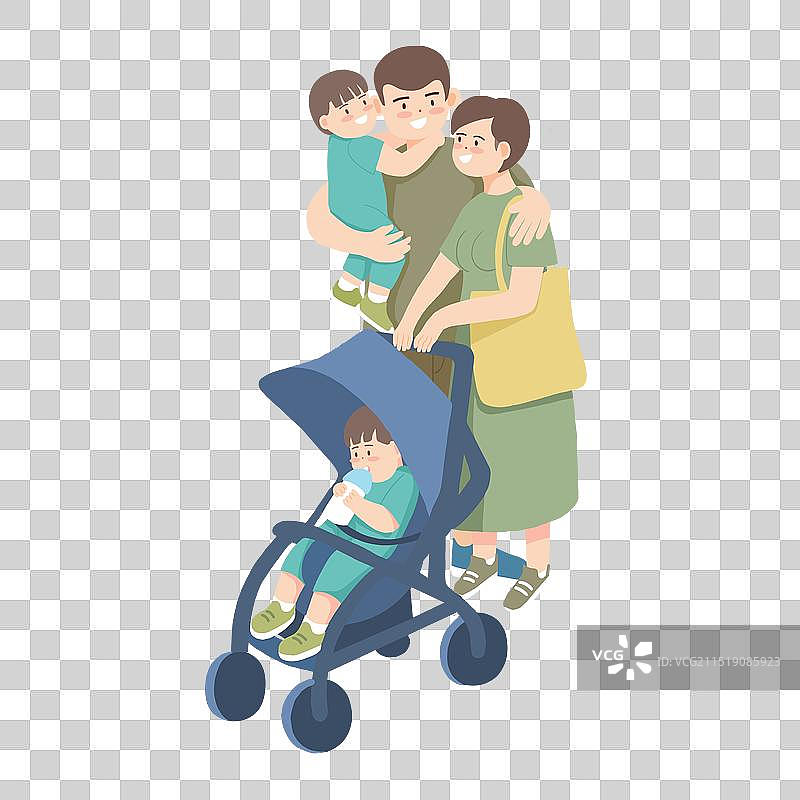 双胞胎家庭二胎一家人插画人物元素图片素材