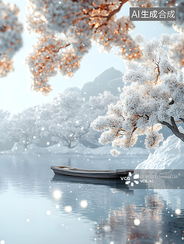 【AI数字艺术】冬天雪景的水面上有一条船图片素材