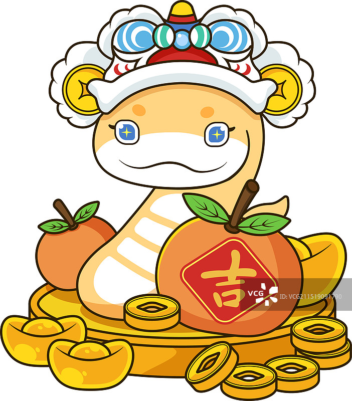 新年大吉带狮帽金蛇形象插画图片素材