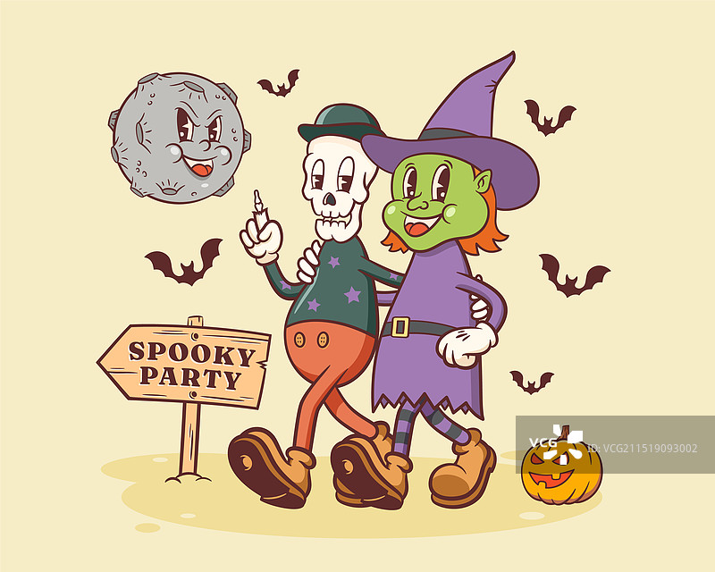 万圣节时髦骷髅和女巫复古风图片素材