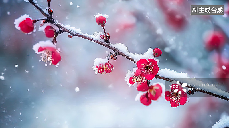 【AI数字艺术】冬天被雪覆盖的红梅图片素材