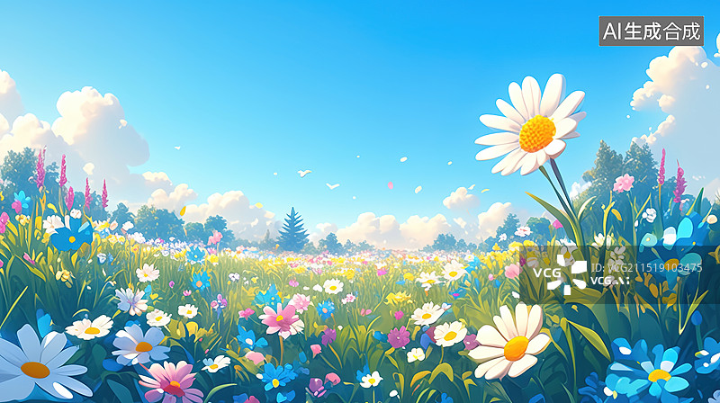 【AI数字艺术】动漫草地花朵蓝天白云图片素材
