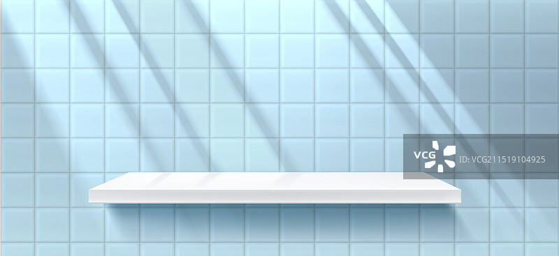 蓝色瓷砖墙上带阴影的白色架子图片素材