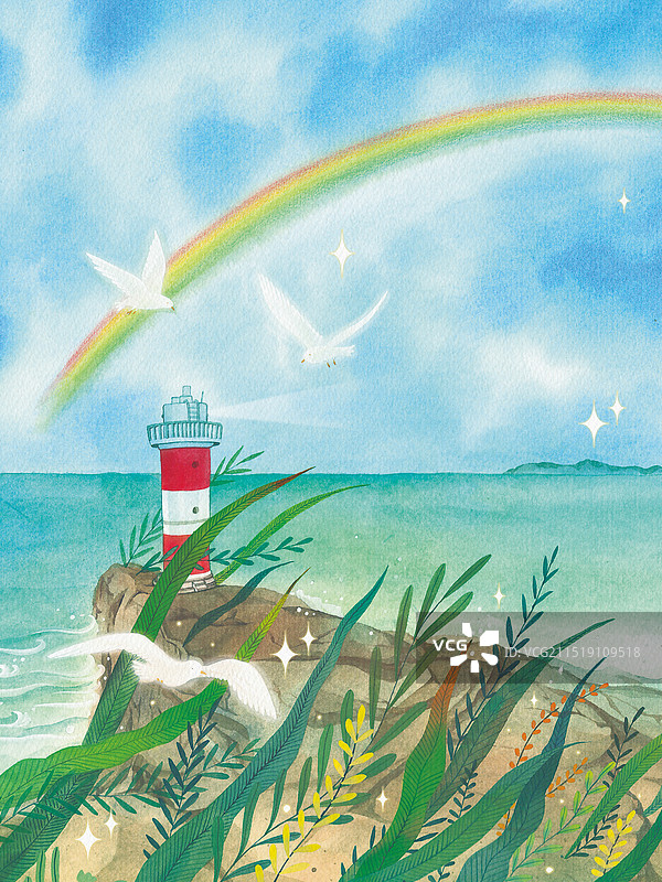 手绘水彩海边海鸥彩虹心灵灯塔图片素材