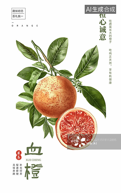 【AI数字艺术】立冬成熟的橘子水果插画创意海报设计，美味的中华血橙，纽荷尔橙子， 版画 包装，水果果茶创意广告 竖版图片素材