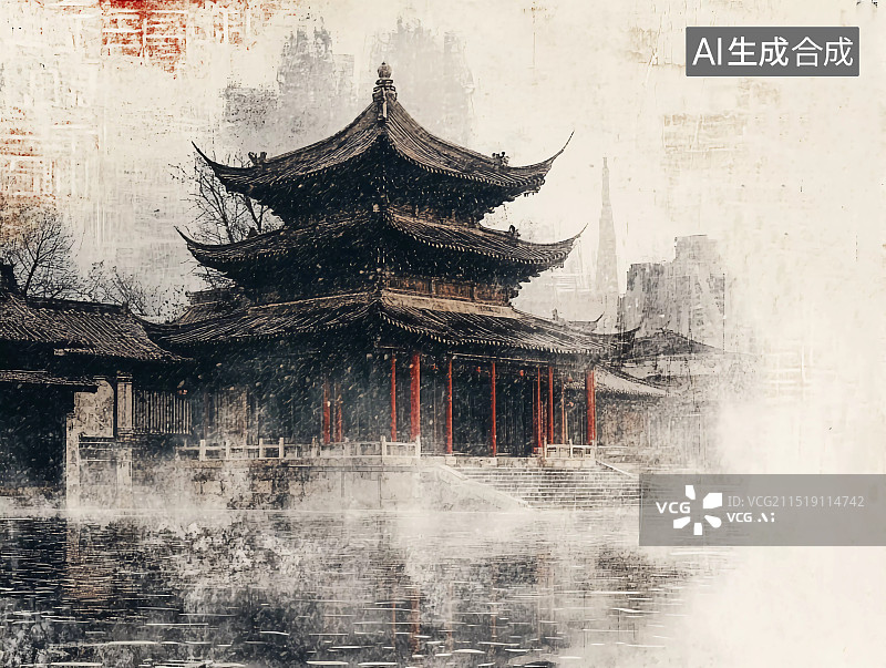 【AI数字艺术】水墨风格中国古建筑群落图片素材