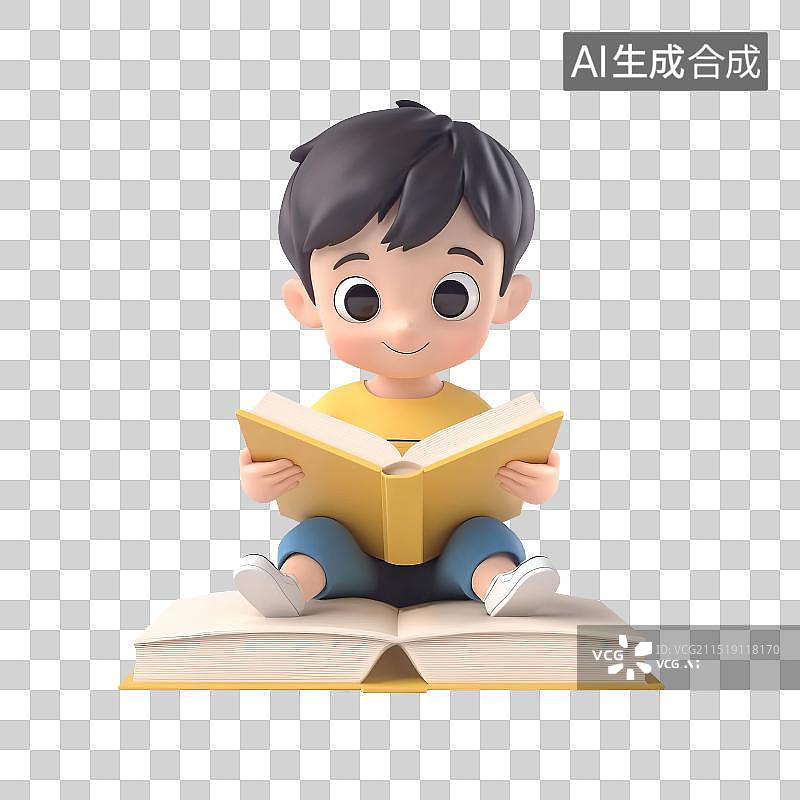 【AI数字艺术】坐在书本上看书的小男孩3D卡通风格免扣元素图片素材