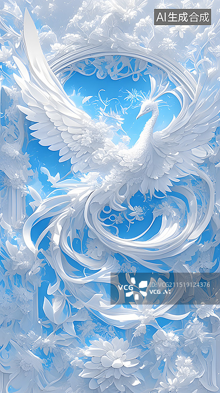 【AI数字艺术】中国风白孔雀立体插画图片素材