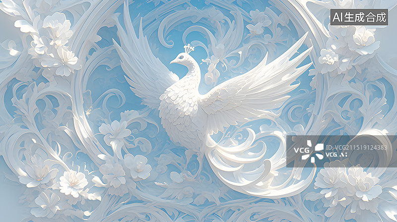 【AI数字艺术】中国风白孔雀立体插画图片素材