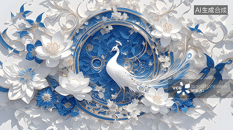 【AI数字艺术】中国风白孔雀立体插画图片素材