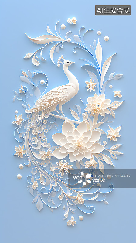 【AI数字艺术】中国风白孔雀立体插画图片素材