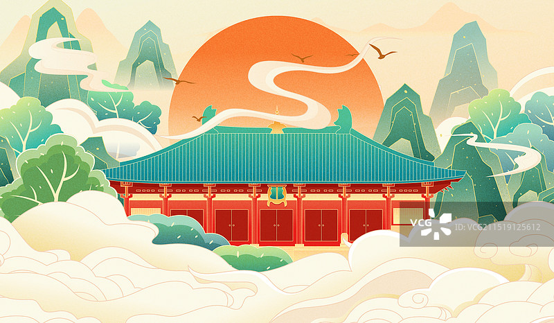 国风山西五台山大佛光寺古代建筑矢量插画图片素材