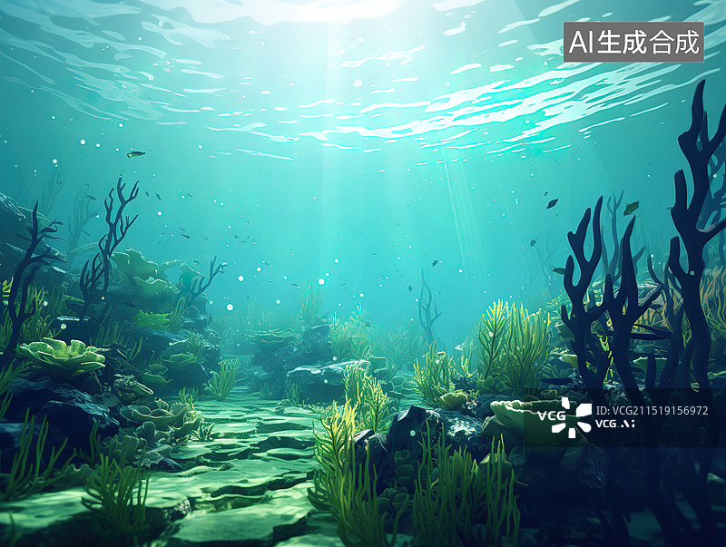【AI数字艺术】海底阳光、海底海草和海底藻类植物插图图片素材