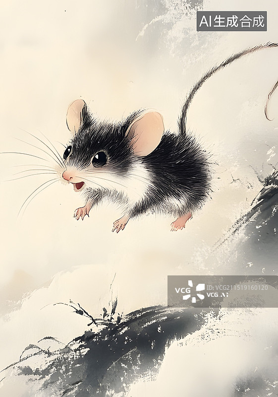 【AI数字艺术】十二生肖子鼠竖版中国画水墨画图片素材