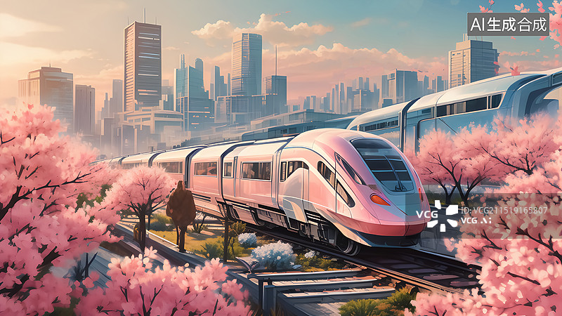 【AI数字艺术】春天高铁插画图片素材