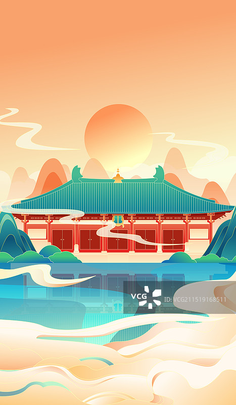 国风山西城市地标建筑五台山大佛光寺矢量插画图片素材