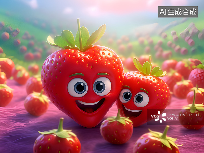 【AI数字艺术】可爱笑脸的草莓图片素材