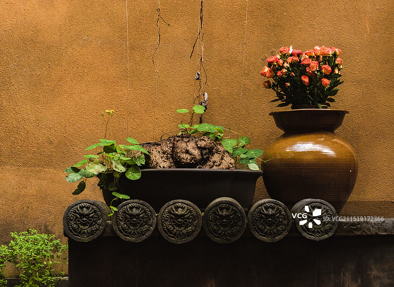瓦片装饰的台子上放着绿植花盆和栽花的瓦罐图片素材