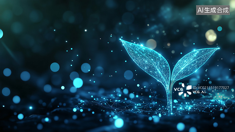 【AI数字艺术】蓝色发光的嫩芽图片素材