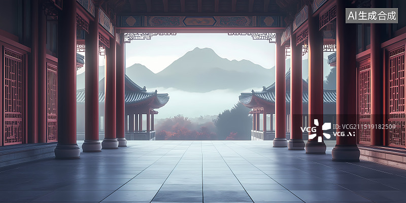 【AI数字艺术】中式亭台楼阁和亭外的高山流水图片素材