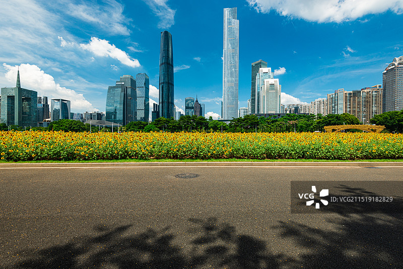广东广州珠江新城建筑与海心沙公园花海公路都市风景汽车背景图图片素材