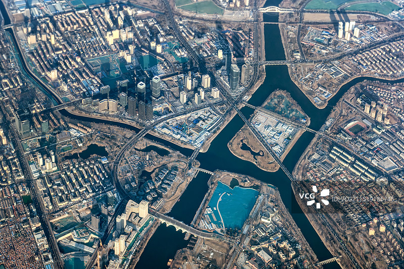 俯瞰北京通州区城市副中心京杭大运河起点 五河交汇处 通州CBD 运河商务区 千荷泻露桥图片素材