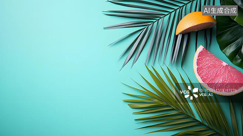 【AI数字艺术】碧绿背景上的热带树叶和新鲜的葡萄柚图片素材