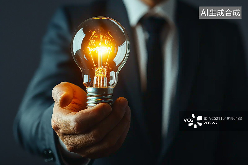 【AI数字艺术】一个商务人士的手里拿着一个发光的灯泡，商业创意、点子、机会概念图片素材