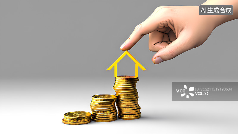 【AI数字艺术】一只手搭起房子积木，房子和金币，寓意房产投资图片素材