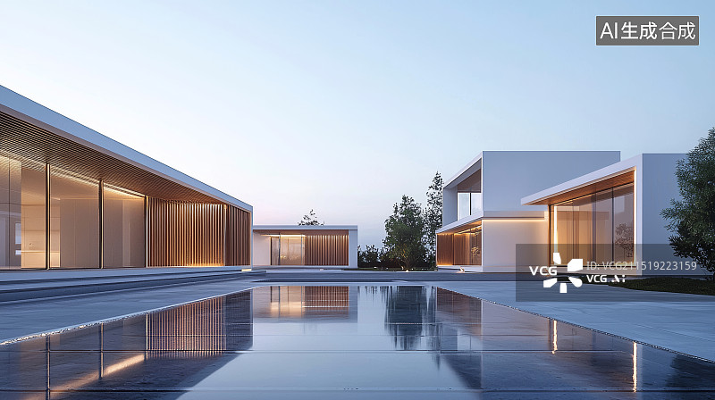 【AI数字艺术】现代极简别墅与泳池倒影图片素材