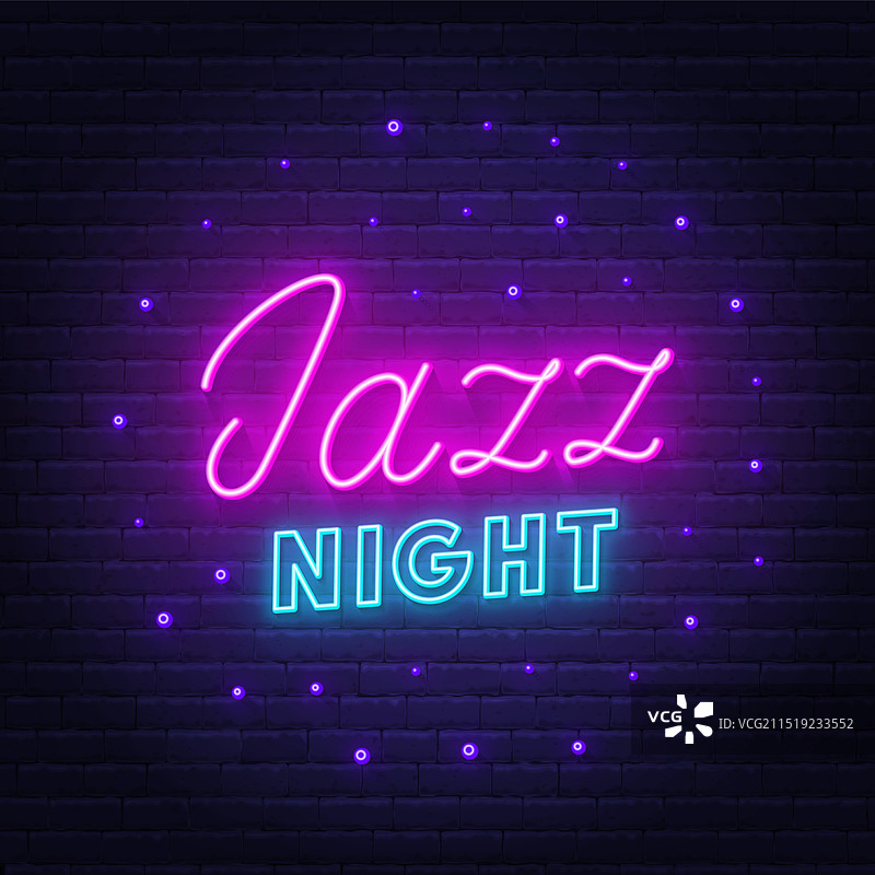 爵士之夜霓虹灯字牌（砖墙背景）图片素材