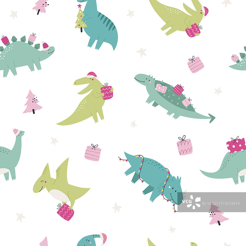 手绘圣诞节恐龙无缝图案图片素材