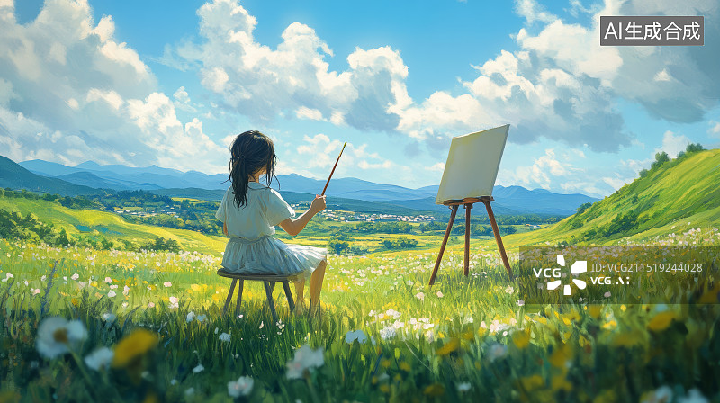 【AI数字艺术】春天在山坡的画画的女孩图片素材