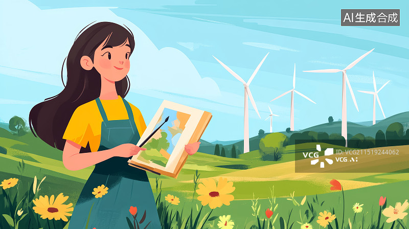 【AI数字艺术】春天在山坡的画画的女孩图片素材