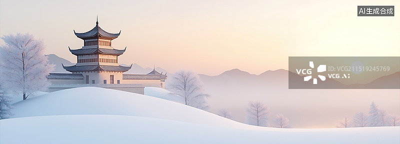 【AI数字艺术】冬日禅意古建筑国风山水背景海报图片素材
