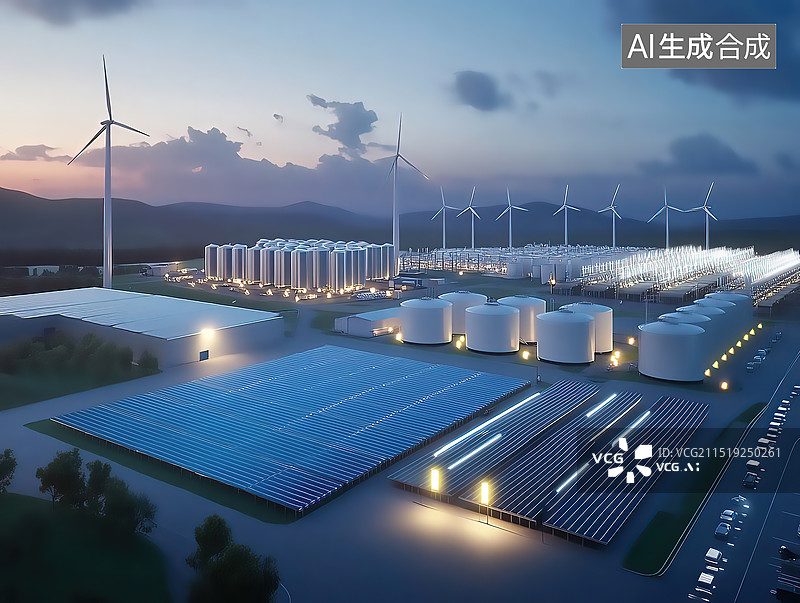 【AI数字艺术】太阳能风能核电能源绿色能源发电站城市风光和科技概念背景图片素材