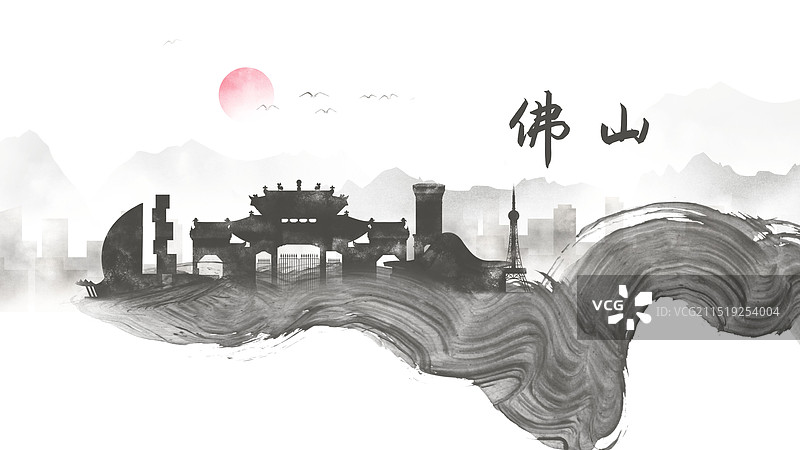 佛山中国风水墨城市毛笔洒脱诗意水彩画建筑剪影图片素材