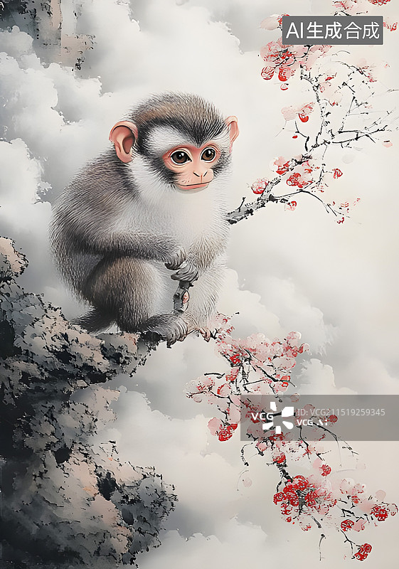 【AI数字艺术】十二生肖申猴竖版中水墨风插画中国画图片素材