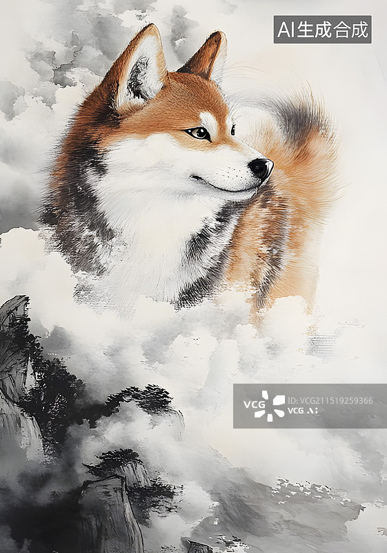 【AI数字艺术】十二生肖戌狗竖版中水墨风插画中国画图片素材
