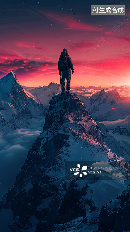 【AI数字艺术】一个在山顶看日出图片素材