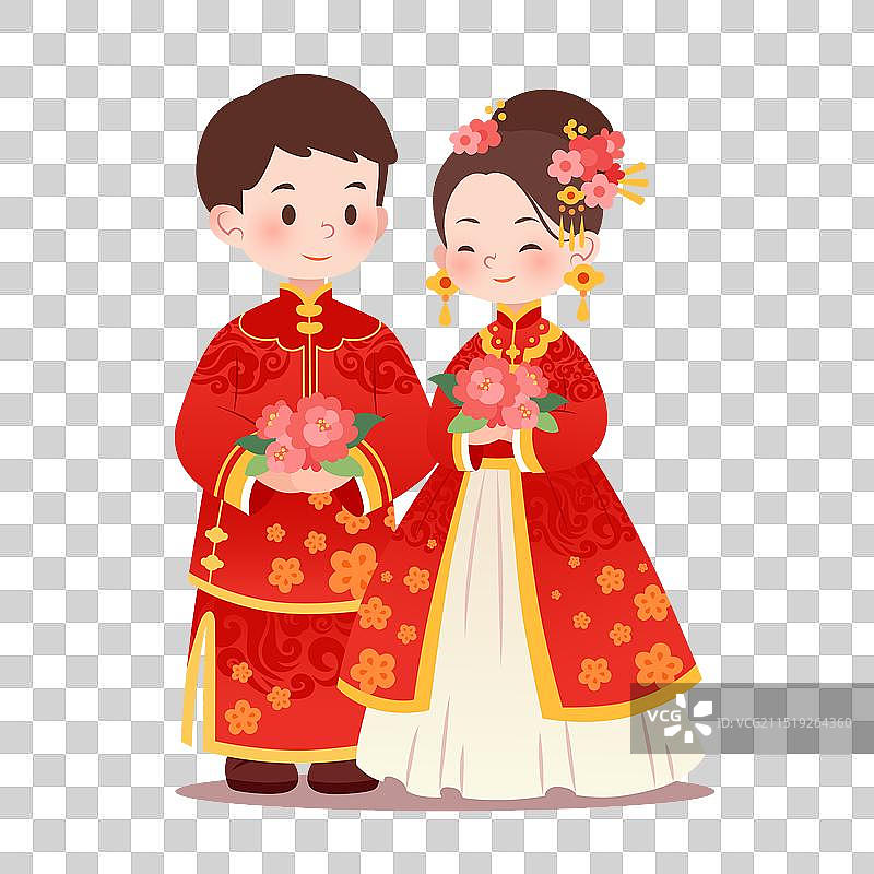 卡通中式婚礼唐装新婚新人夫妻婚庆图片素材