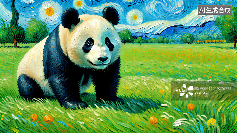 【AI数字艺术】手绘动物插画 草地上可爱的大熊猫图片素材