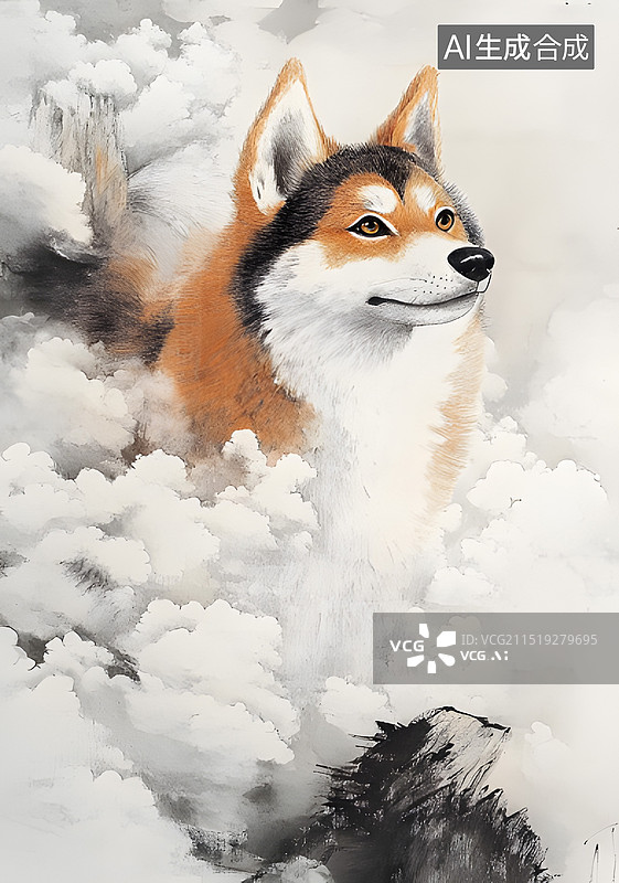 【AI数字艺术】十二生肖戌狗竖版水墨风插画竖版图片素材