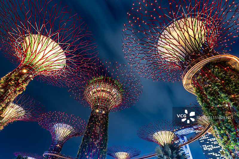 新加坡滨海湾花园巨型彩色灯光装饰树城市风光夜景长曝光图片素材