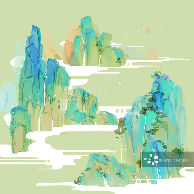 中国风清新中国画山水插画图片素材