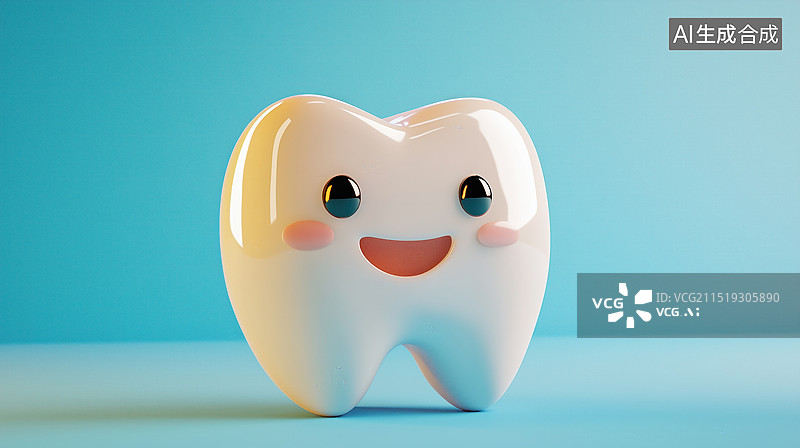 【AI数字艺术】清新可爱桌上拟人笑脸牙齿3D卡通立体插画图片素材
