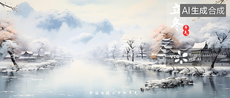 【AI数字艺术】AIGC：立冬节气海报，江南水乡的冬日户外风景 国风水墨画风格 背景壁纸图片素材
