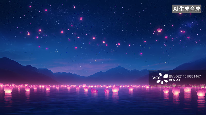 【AI数字艺术】发光紫色莲花灯夜晚天空水面节日背景图片素材