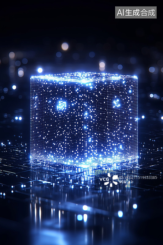 【AI数字艺术】蓝色光点构成的立方体图片素材